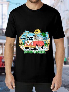 Black Graphic Tee with Colorful Van Print - "Dime Bags"